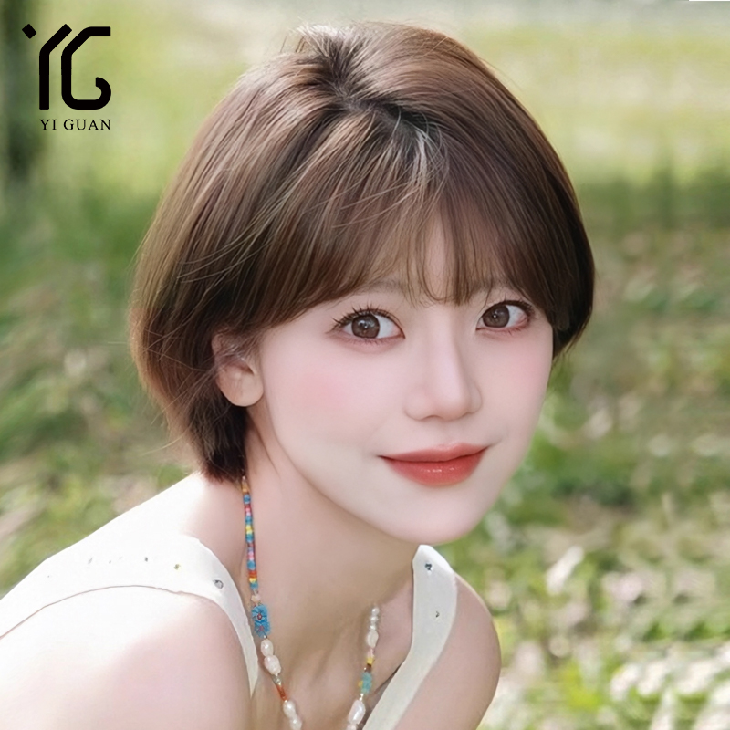 波波头假发女短发全真人发减龄光头空气刘海手织双递针全头套