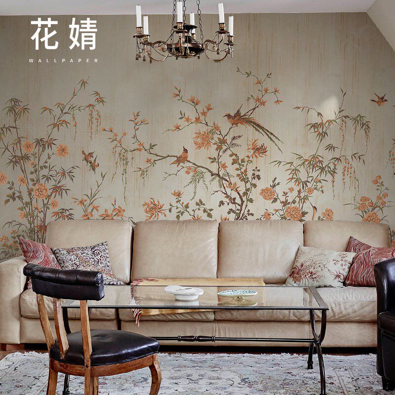 新中式花鸟墙纸客厅电视背景墙壁纸沙发卧室墙布定制壁画民宿壁布