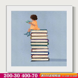 爱读书的小孩可爱卡通儿w童房装饰画男孩女孩书房卧室床头挂