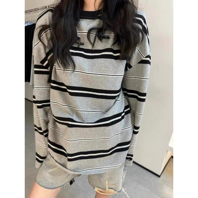 特大码300斤黑白条纹长袖T恤男女春秋新款宽松慵懒风打底衫潮