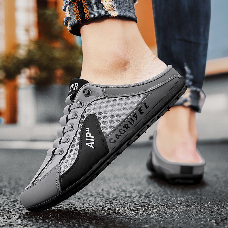 半拖鞋男款2024新款夏季韩版潮流懒人网面休闲运动无后跟豆豆布鞋