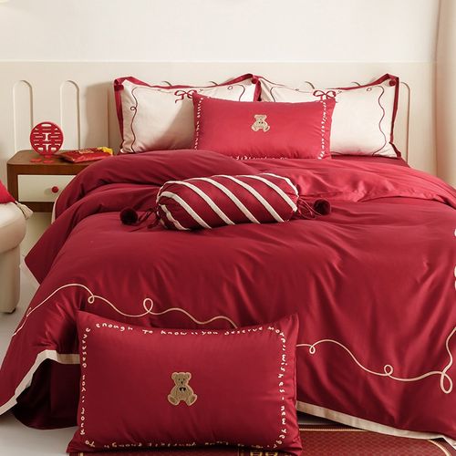 浪漫婚庆100S长绒棉四件套高级感刺绣纯棉红色结婚被套床上用品