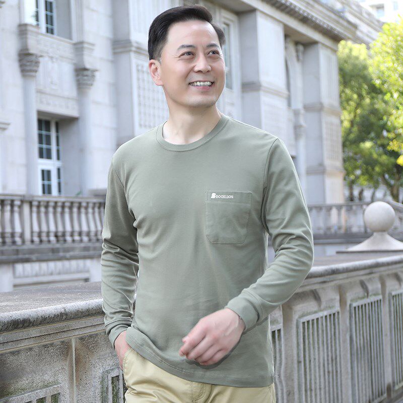 秋装中年男士全棉长袖T恤宽松大码父亲老年人圆领秋衣外穿薄