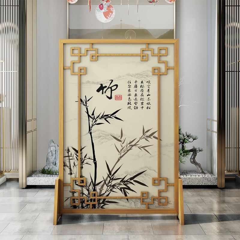 定制现代实木屏风隔断正对进门入户玄关竹子O浅色半透纱遮挡小座