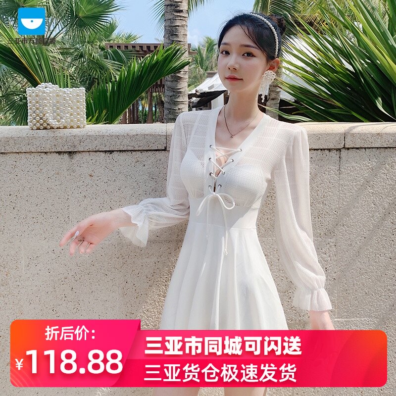 三亚-游泳女网红k白色超仙裙式连体遮肚显瘦带罩杯长袖海边泳衣