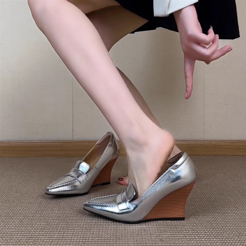 nnmiss34-40/8cmv小个子气质坡跟鞋法式方头浅口高跟百搭时尚单鞋