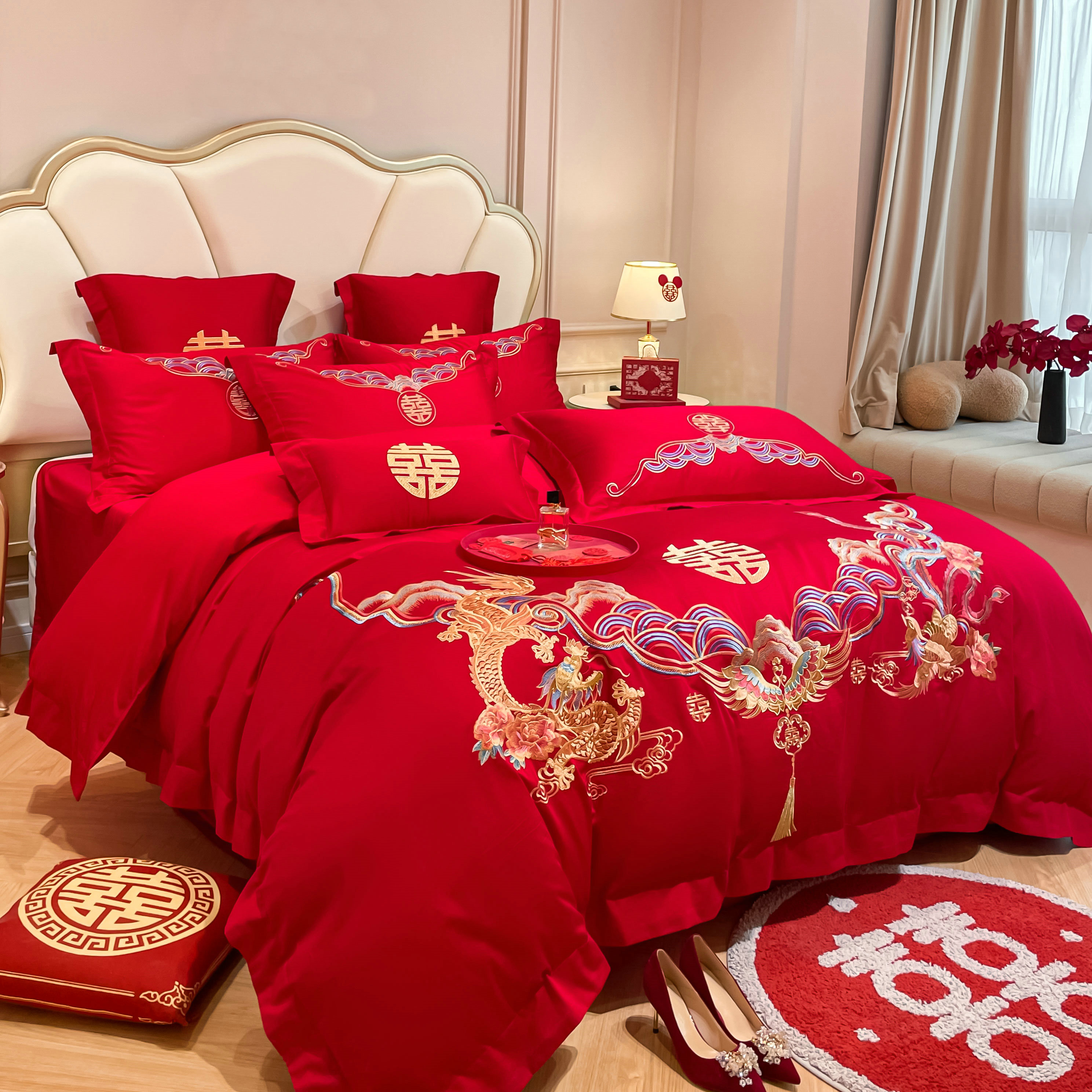 中式龙凤刺绣结婚床上四件套大红色婚房床单被套全棉婚庆床品
