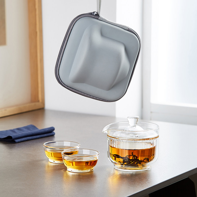 双层玻璃盖碗高档不烫手功夫茶具套装一壶二杯便T携带盖手抓壶茶