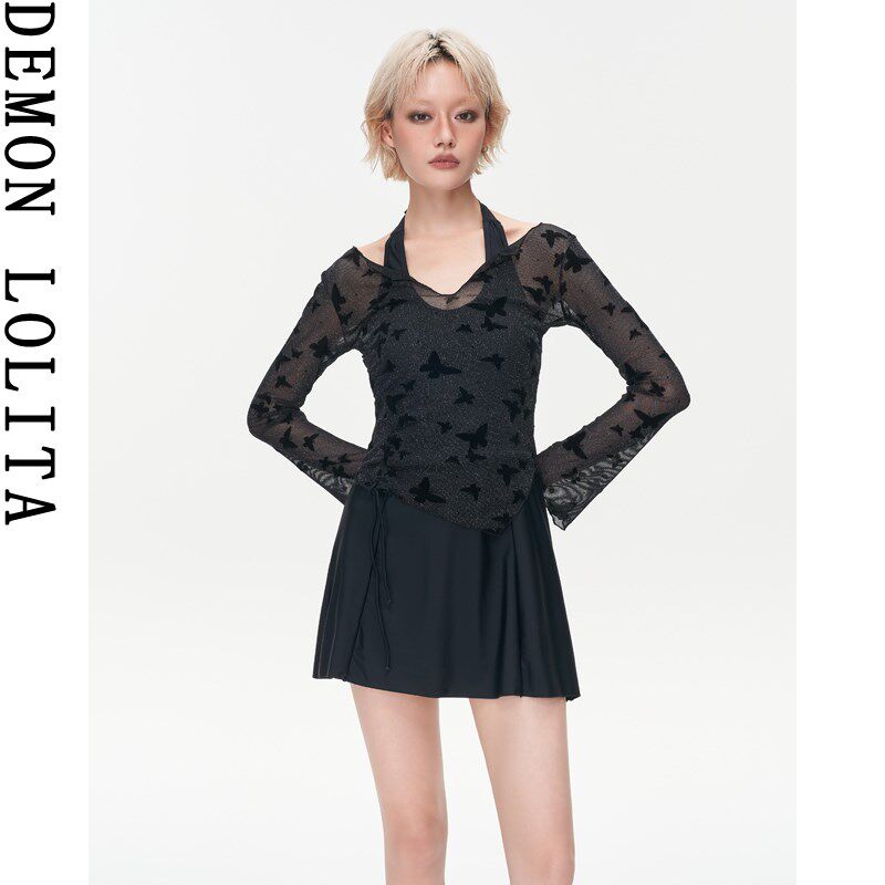 泳衣女2025新款连体遮肚显瘦黑色蕾丝长袖罩衫保守大码度假泳装女