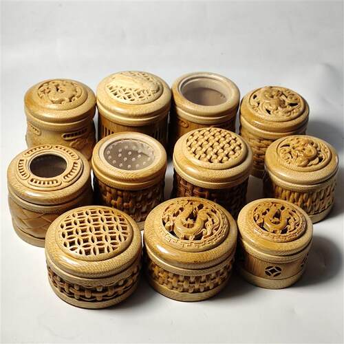 天然竹制镂空叫罐摆件玉竹雕刻编织纹J虫具文玩精品纯手工打磨