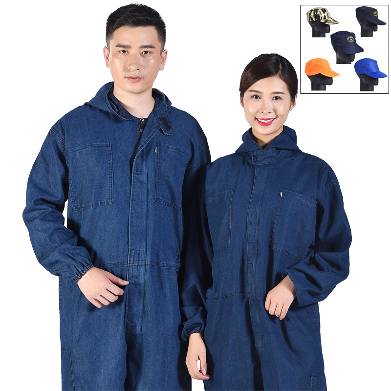 长袖带帽牛仔连体衣男连体工作服机汽修耐磨防烫连体服劳保服