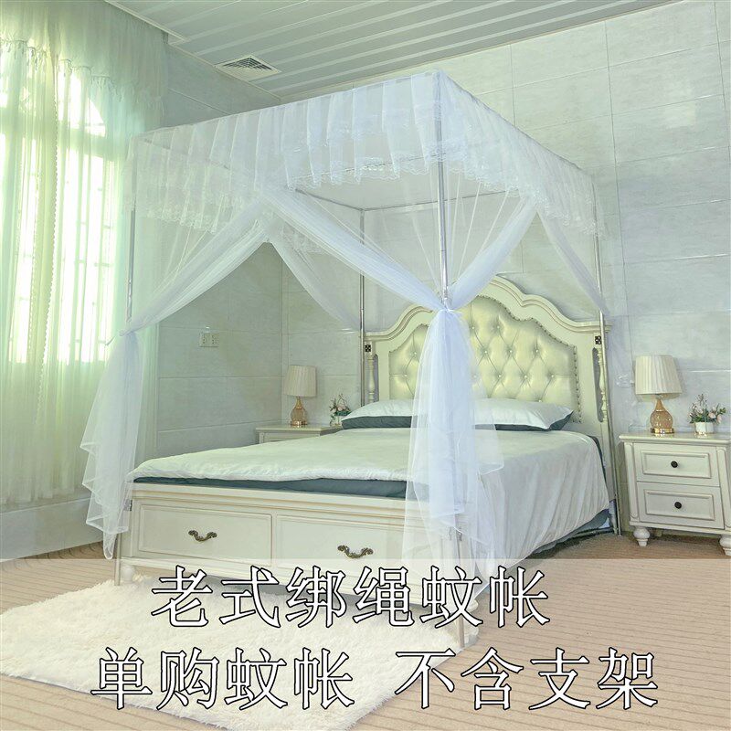 单独蚊帐加密双层蚊帐p公主三开门无荧光蚊帐四柱蚊帐内绑带老式