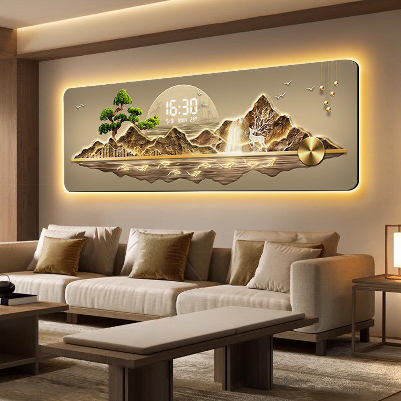 九鱼图客厅装饰画新中式高级感带钟表挂钟沙发背景墙挂画时钟壁画