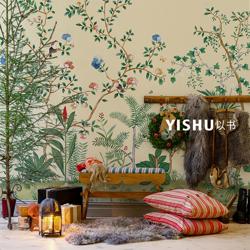 美式花鸟电视背景墙壁纸别墅餐厅过道定制壁画卧室客厅墙纸墙布