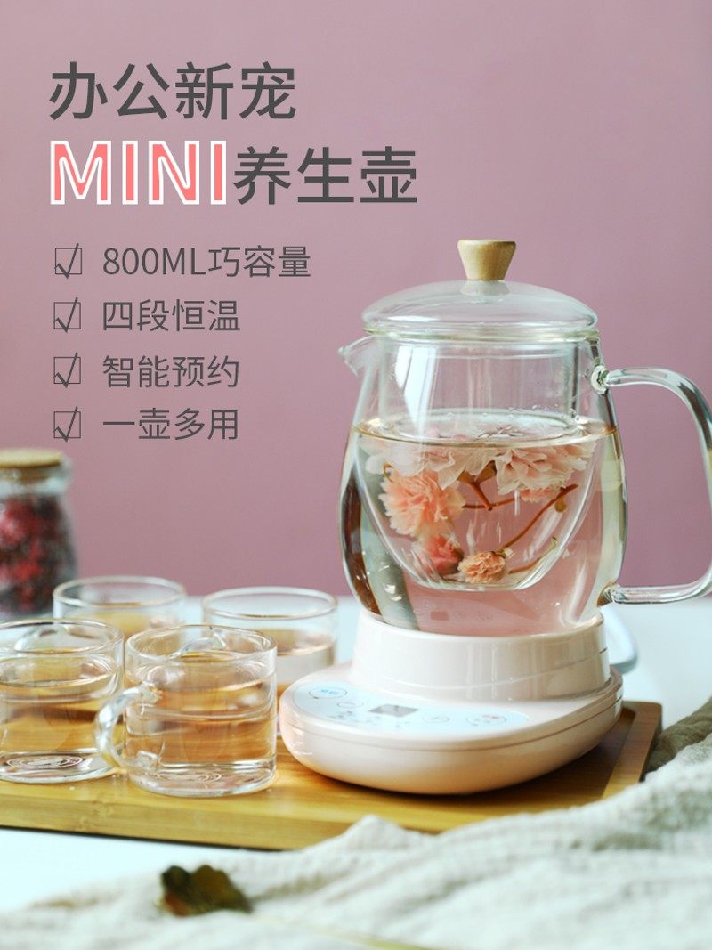 迷你电热煮茶壶办公室加热水可携式多功能保温小型W全玻璃养生炖