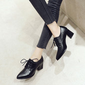 新百搭黑色高跟鞋 英伦尖头系带深口单鞋 女q粗跟2021春季 中跟工作
