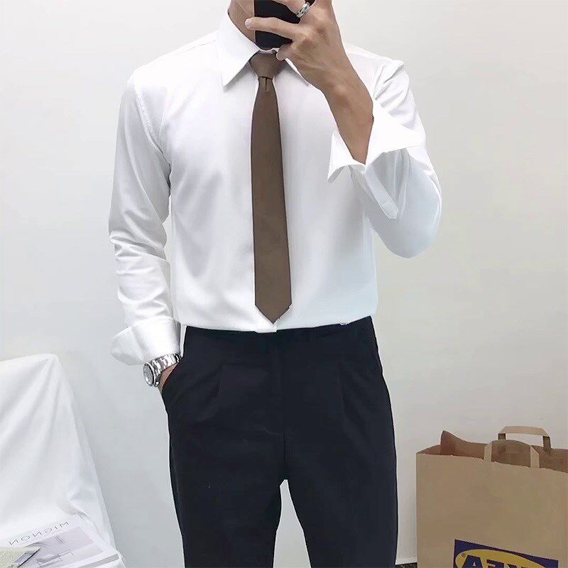 衬衫男春秋长袖韩版男士尖领衬衣免烫抗皱商O务正装暗扣白色衬衫