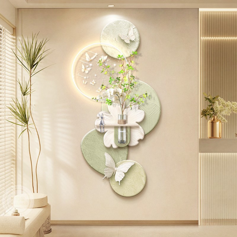 原木奶油风玄关装饰画花卉客厅走廊过道挂画高级感立体感应壁灯画