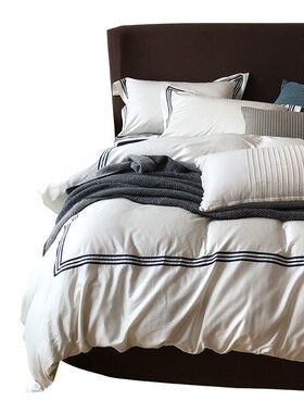 80支美式刺绣白色床上四件套1.5/1.8m床简约全棉纯色床上用品