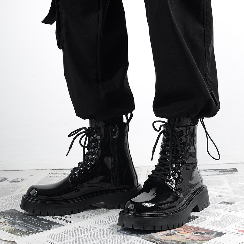 漆皮马丁靴男款厚底增高中帮皮靴子男生英伦O风高帮皮鞋亮面拉链