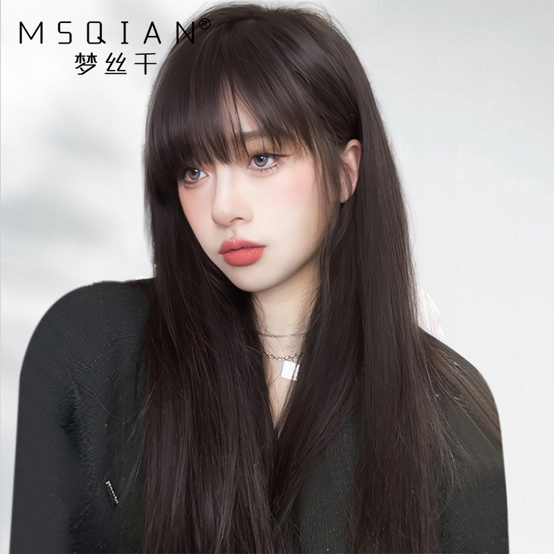 假发女长发漫画齐刘海真发全真人发黑长直无痕隐形蕾丝递针全头套