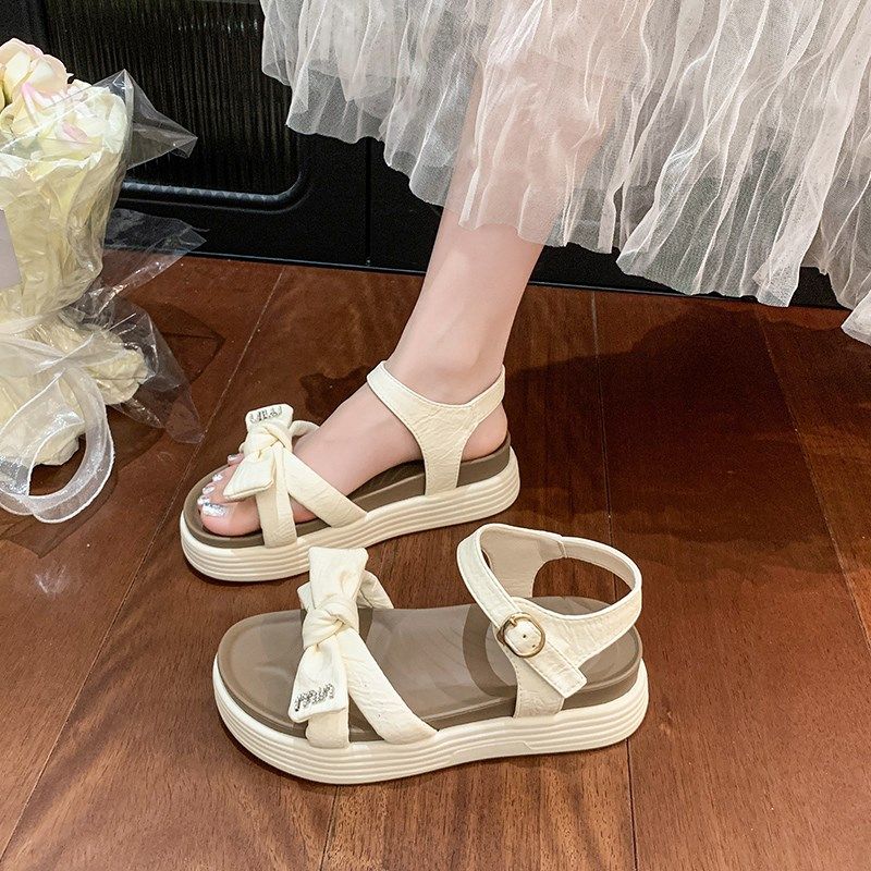大码女鞋41一43胖脚宽肥蝴蝶结一字带罗马凉鞋女仙女风厚底沙滩鞋,女鞋,罗马凉鞋,淘宝优惠券,粉丝福利购,淘宝优惠卷