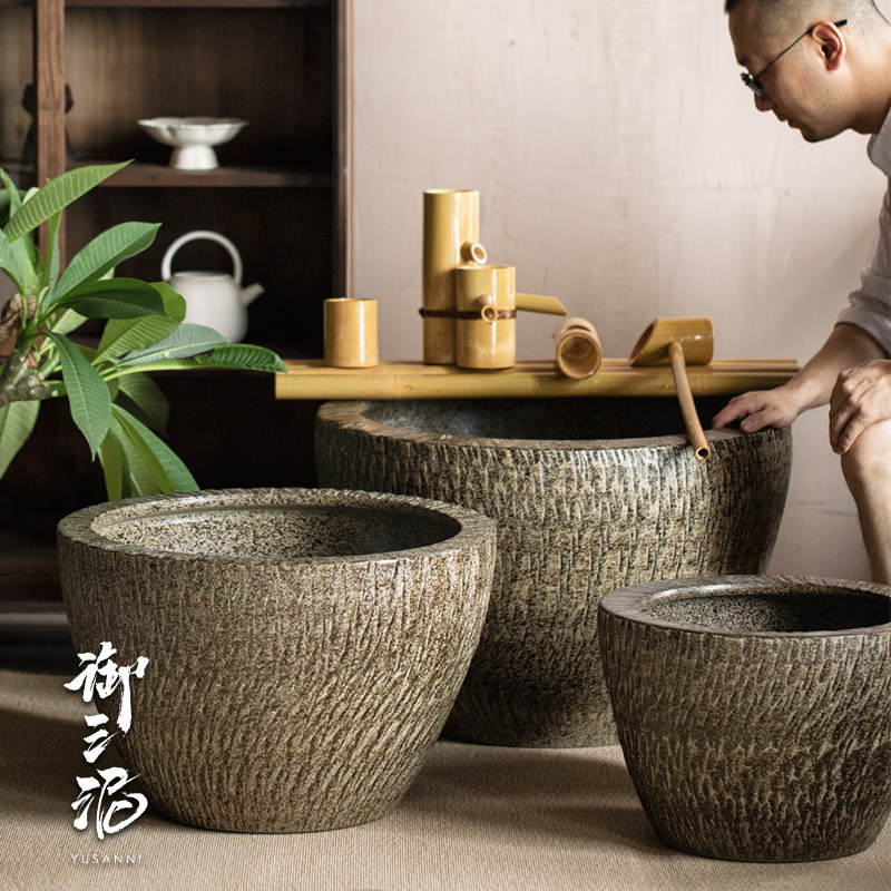 鱼缸落地摆件庭院园林现代陶瓷平口大缸粗陶手工圆坛水缸大花盆