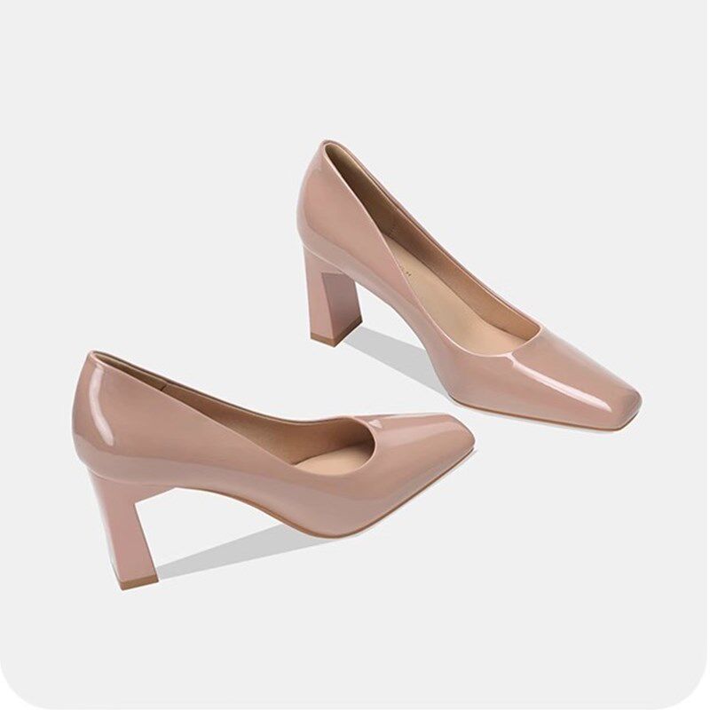 裸色高跟鞋女粗跟方头2025夏季新款气质漆皮职业软皮不累脚单鞋潮