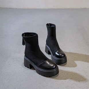 29-33小码粗跟百搭瘦瘦短靴女秋冬单款高跟O秋季韩版百搭马丁靴棉