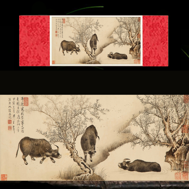 三牛图丝绸卷轴挂画客厅装饰画办公字画励L志现代中U式壁画沙发绢图片