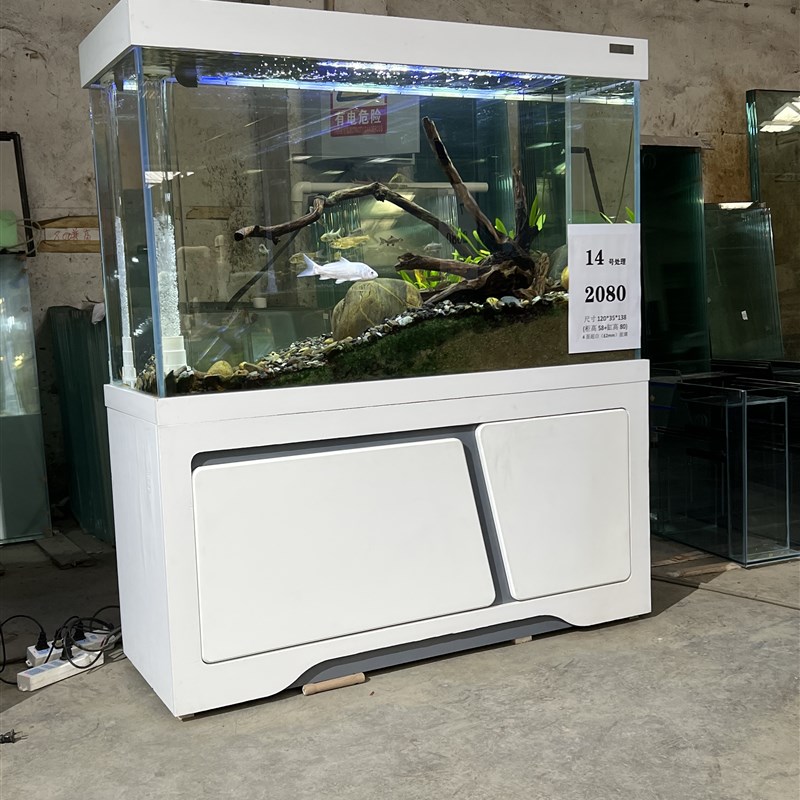 超白玻璃家用鱼缸底滤落地式屏风靠O墙超白鱼缸水族箱