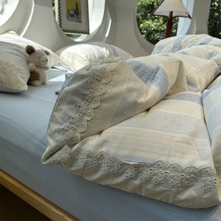 ins风母婴级蓝白条纹双层纱纯棉四件套1.5m1.8米全棉学生三件套