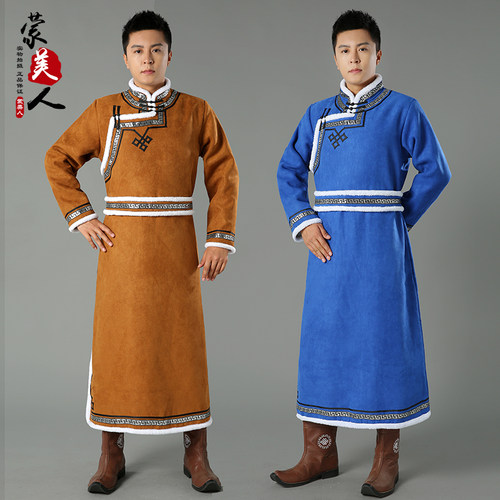 传统男士蒙古袍秋冬鹿皮绒加厚z保暖蒙古服装长袍蒙族日常生活装
