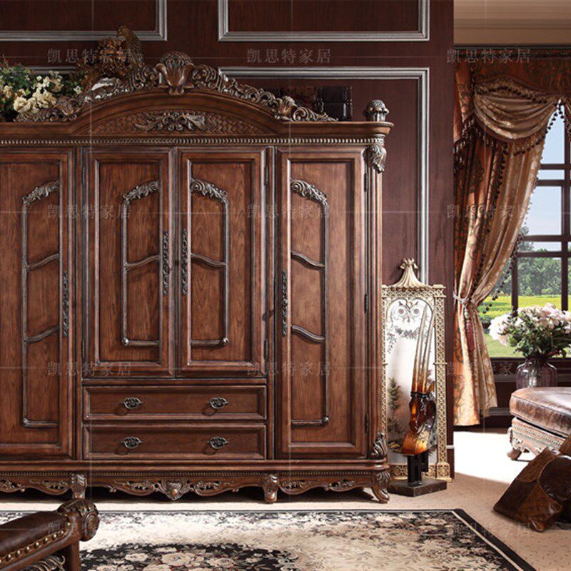 美式实木雕花大衣柜 欧式古典四门大衣柜 高档奢华别墅大衣柜