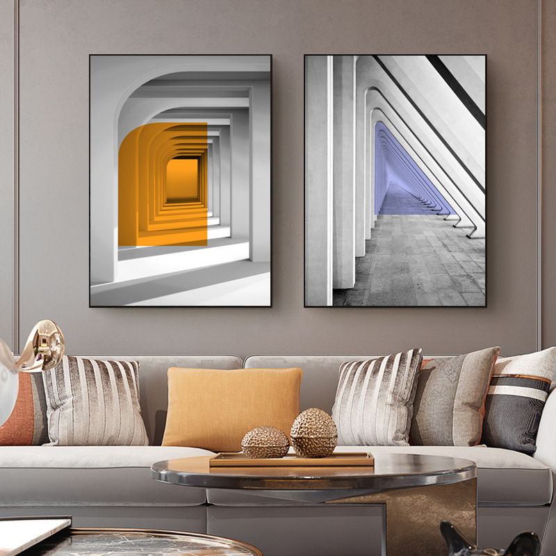 工业风玄关壁画空间延伸墙画过道建筑挂画酒店客厅沙发喷绘装饰画图片