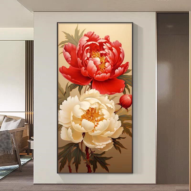 牡丹花玄关装饰画进门简约新中式大气壁画走廊过道花开富贵画