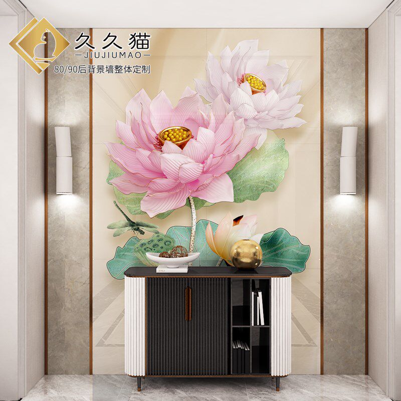 中式客厅简约玄关瓷砖背景墙过道走廊装饰画岩板壁画Y荷花莲花全