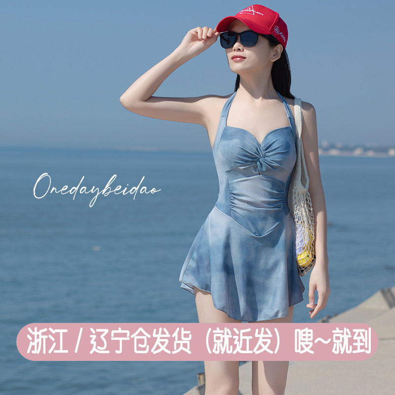 连体泳衣女蓝色显白游泳衣女连体裙式小胸清新聚拢保守显瘦遮肚