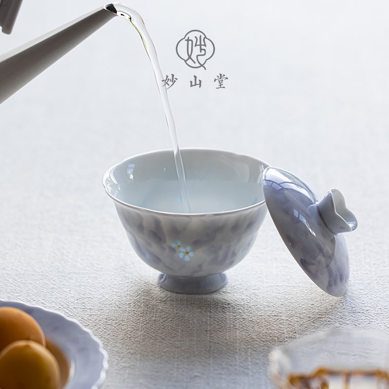 玲珑镂空二才盖碗l陶瓷女士泡茶碗单个高档手绘紫玉玲花功夫茶具