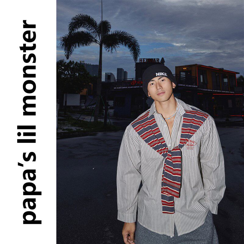 Papaslilmomnster【极简风条纹】早秋拼接披肩设计宽松长袖衬衫男