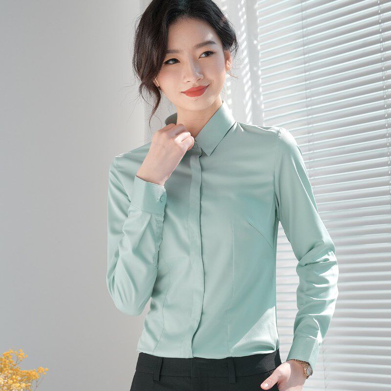 绿色衬衫女长袖高级感春秋气质工C作服正装竹纤维免烫抗皱职业衬