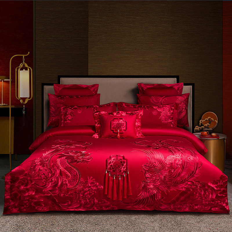 新婚四件套大红色婚庆喜被婚房全棉刺绣被套结婚龙凤床上用品