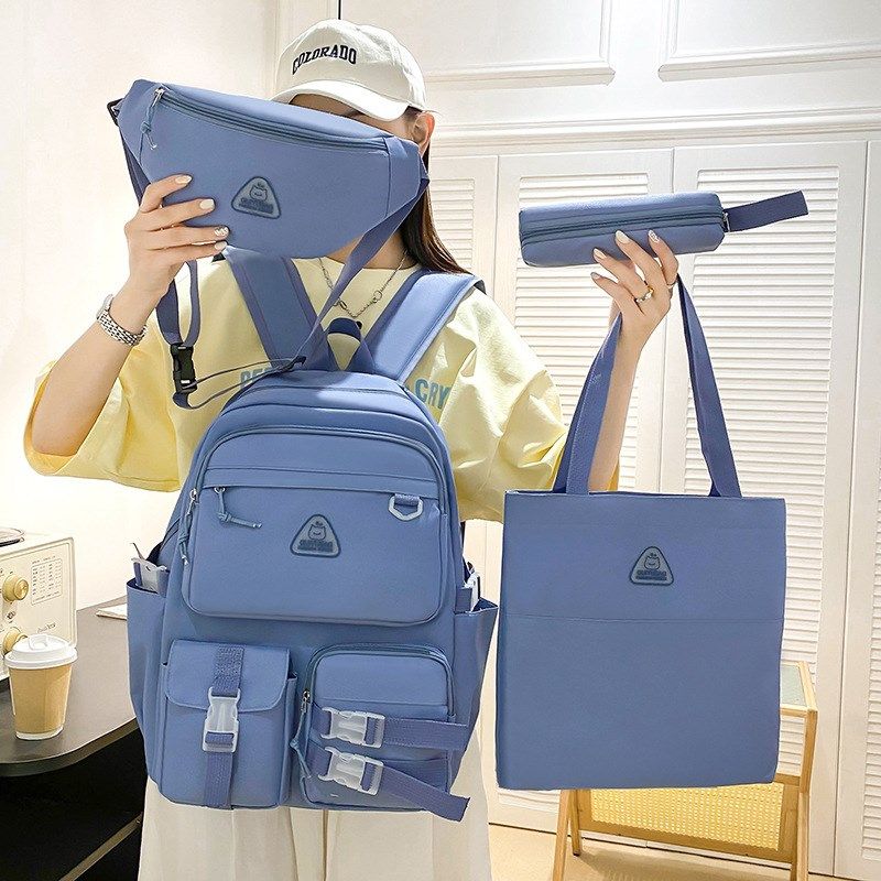 新款大容量中学生书包四件套女款潮流斜挎胸包简约帆布双肩包