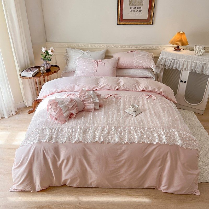 仙女纯棉公主风蕾丝被套四件套纯色100%全棉床裙式少女心床品套件