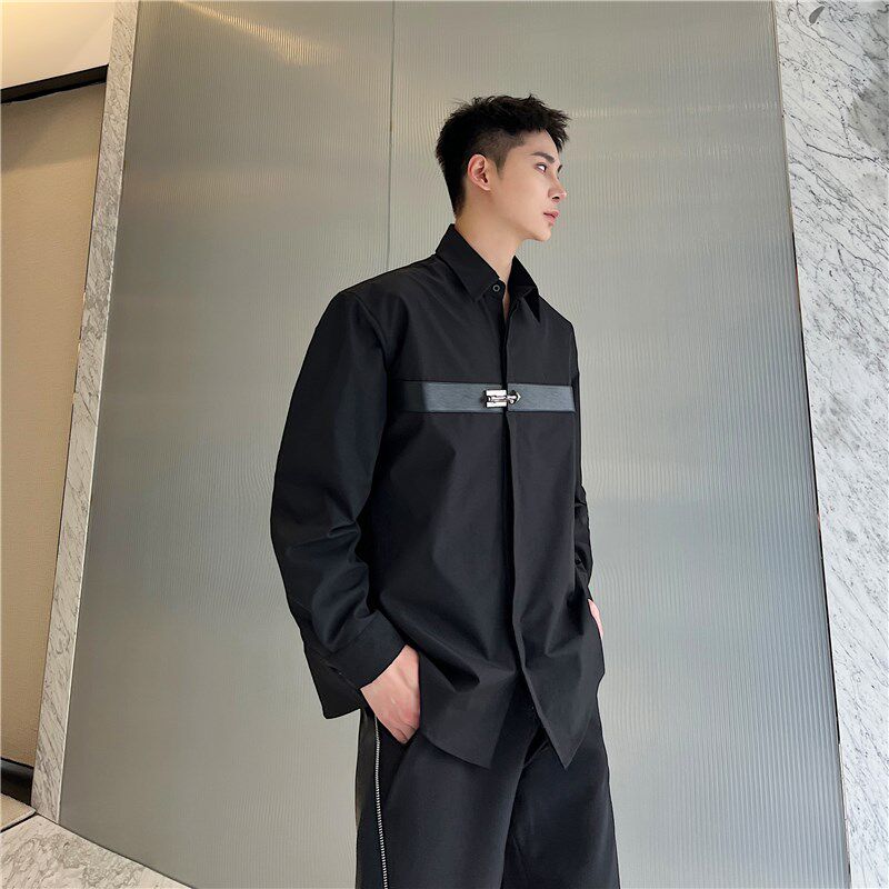 秋季小众解构高级感痞帅长t袖衬衫男韩版宽松金属扣设计衬衣发型