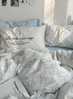 ins小众极简风蓝色猫咪纯棉床单四件套亲肤100全棉被套被单三件套