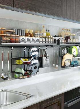 黑色厨房置物架壁挂式304不锈钢调味料架碗碟收纳W层架挂架挂件