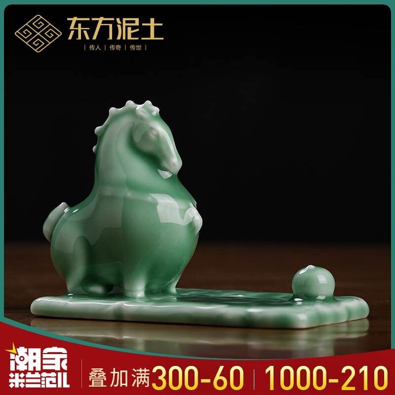 陶瓷唐马绿马小摆件 办公室桌面手机支架电脑书桌好物工位装饰品