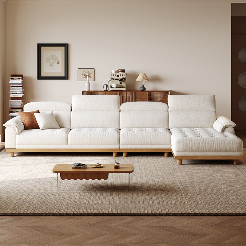 帝乐曼实木布艺沙发日式客厅原木风可调节头枕猫抓布贵妃沙发新款