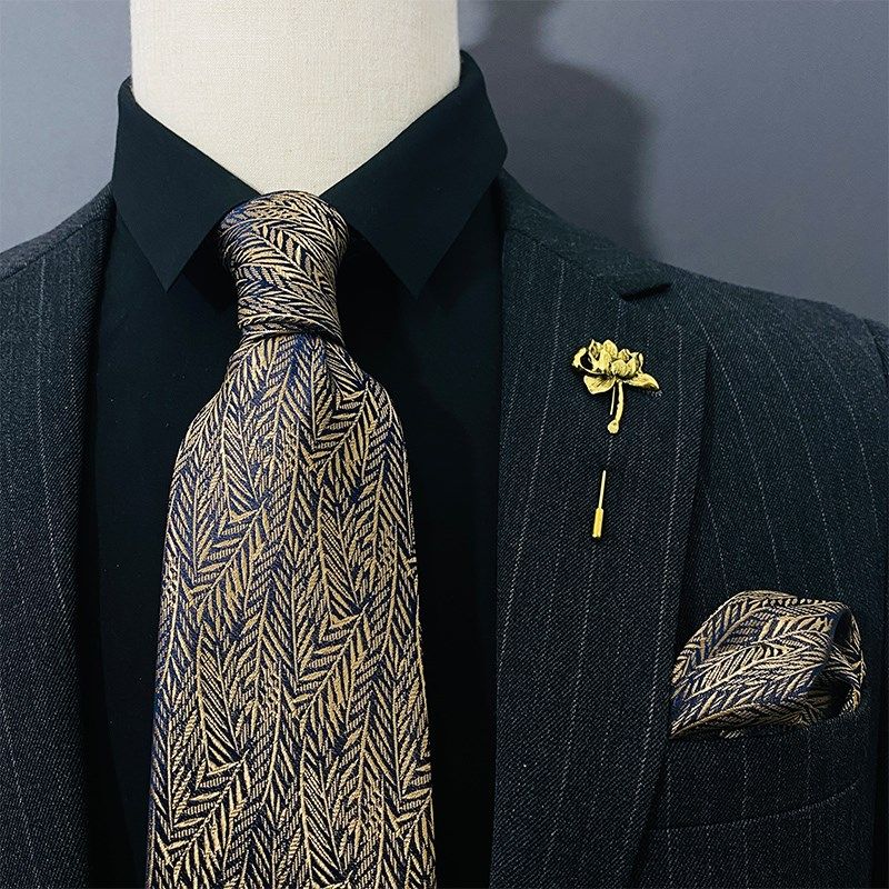 暗金花纹领带男商务正装8CM手打款复古高级感结婚西服方巾口袋巾